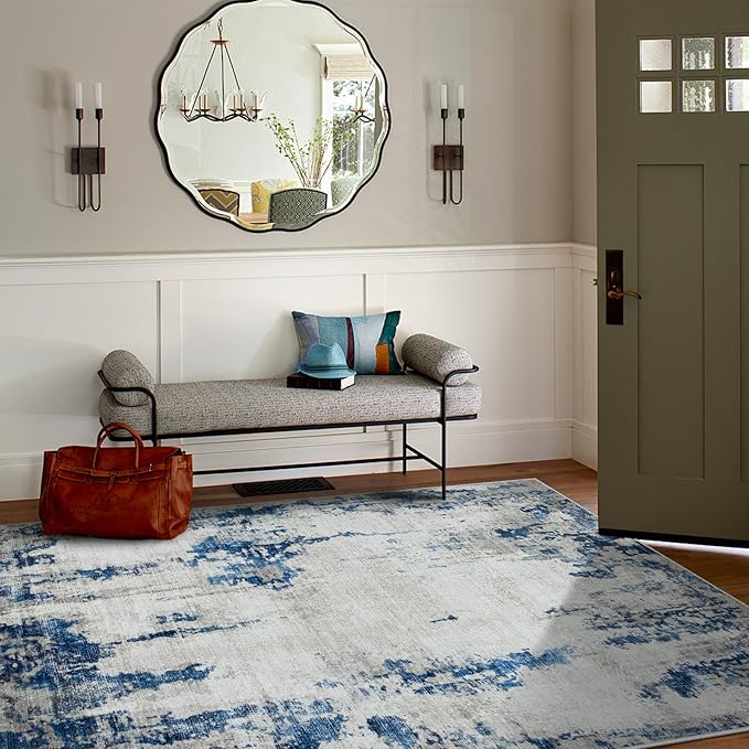 8x10 Area Rugs for Living Room Rug Washable: Modern Large Rug for Dining Room Bedroom Carpet Non Slip 8 by 10 Indoor Abstract Nursery Home Office Blue White