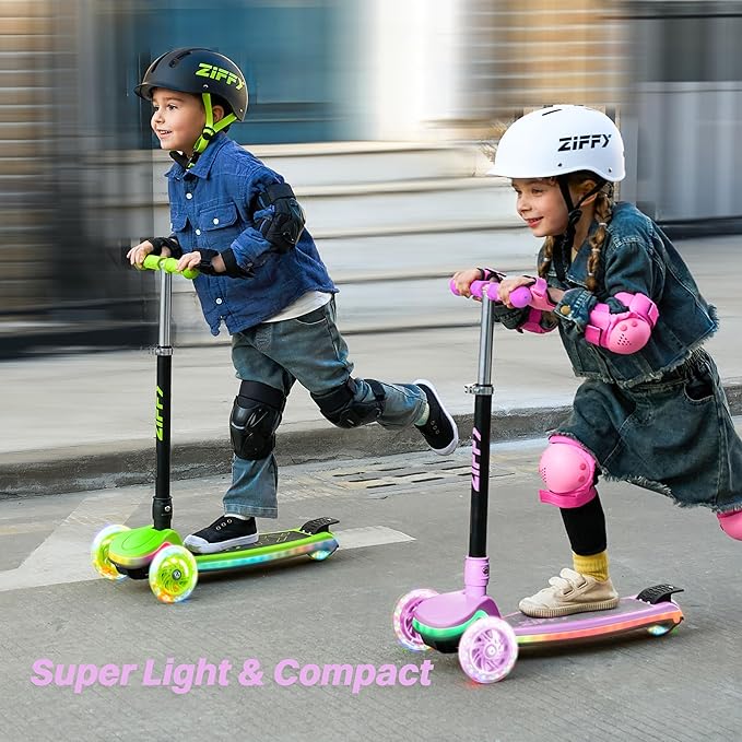 ZIFFY 3-Wheel Light-Up Kids Scooter, Kids Balance Scooter for Boys Girls with 20 Dynamic LED Lights, 4 Adjustable Height, Lean-to-Steer Design with Anti-Slip Wide Surface for Stability - Up to 110LBS