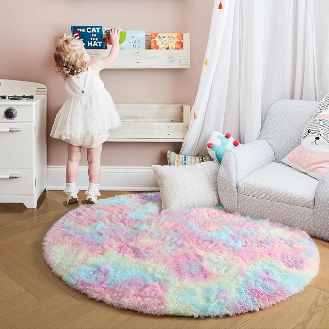 Amdrebio Rainbow Fluffy Round Rug 6Ft Kids Rugs - Image 8