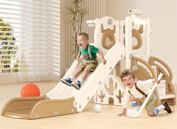 XJD 7 in 1 Toddler Slide, Kids Indoor Slide for Toddlers 1-3, New Upgrade with Golf, Basketball Hoop for Indoor Outdoor Playset,Toddler Playground (White Brown)