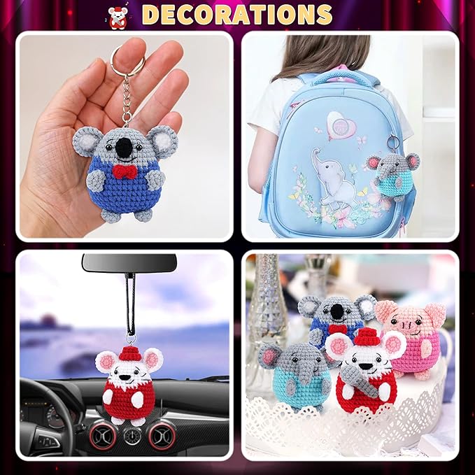 Crochet Kit for Beginners - 4 PCS Crochet Starter Kit with Step-by-Step Video Tutorials, for Adults Kids - Elephant Mouse Pig Koala Microphone Crocheting Set