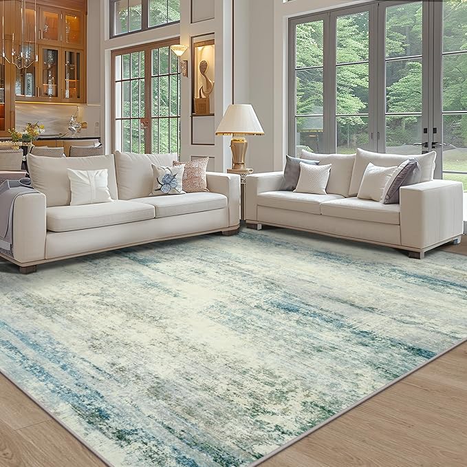 Area Rug 9x12 Washable Rugs: Abstract Large Living Room Rugs with Non-Slip Backing, Thin Carpet for Dining Room Table Bedroom Nursery Indoor Home Office-Blue/Gray
