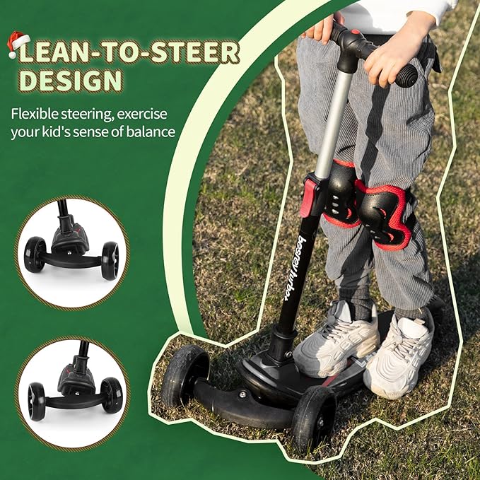 Besrey Kick Scooter for Kids Ages 3-10, 3-Wheel Folding Scooter with Adjustable Height, LED Light Wheels, Extra Wide Deck for Outdoor Activities