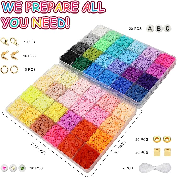 Redtwo 7400 Pcs Clay Beads Bracelet Making Kit for Biginner, 48 Colors for Friendship Jewelry Making Kit, Flat Polymer Heishi Beads with Charms Gifts for Teen Girls Crafts for Girls Ages 8-12