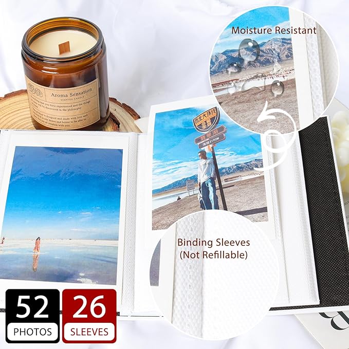 RECUTMS Photo Album 4x6 Photos - 52 Photos Small Mini Capacity Premium Leather Cover, Photo Album for Family Wedding Anniversary Vacation Traveling (Silver)