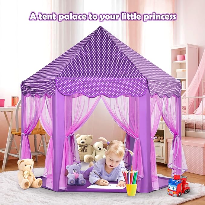 Purple Princess Castle Tent for Girls with Fairy Star Lights Play Tents for Kids Hexagon Playhouse Fairy Toys for Children or Toddlers Indoor or Outdoor Games