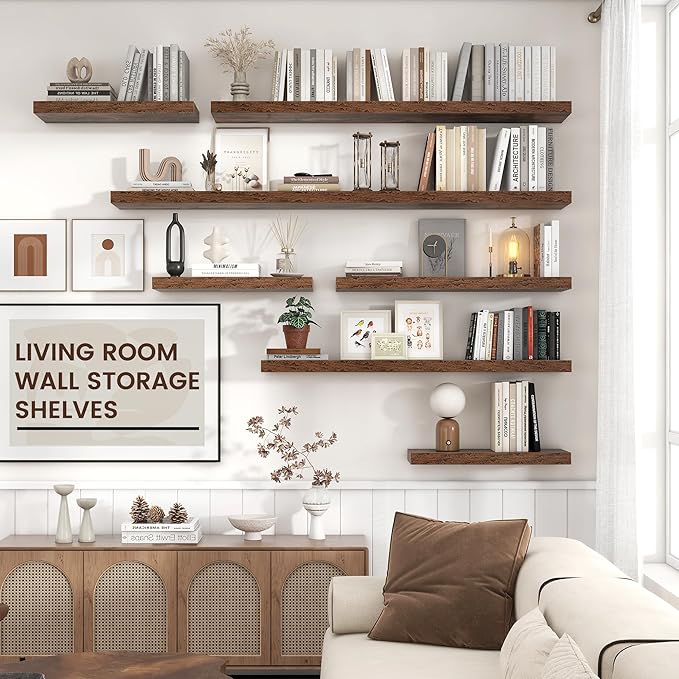 Floating Shelves - 2 Large Wall Mounted Shelves with Invisible Brackets, Long Wood Floating Wall Shelf for Living Room, Bedroom, Kitchen (Brown, 36" W x 9" D x 1.5" H)