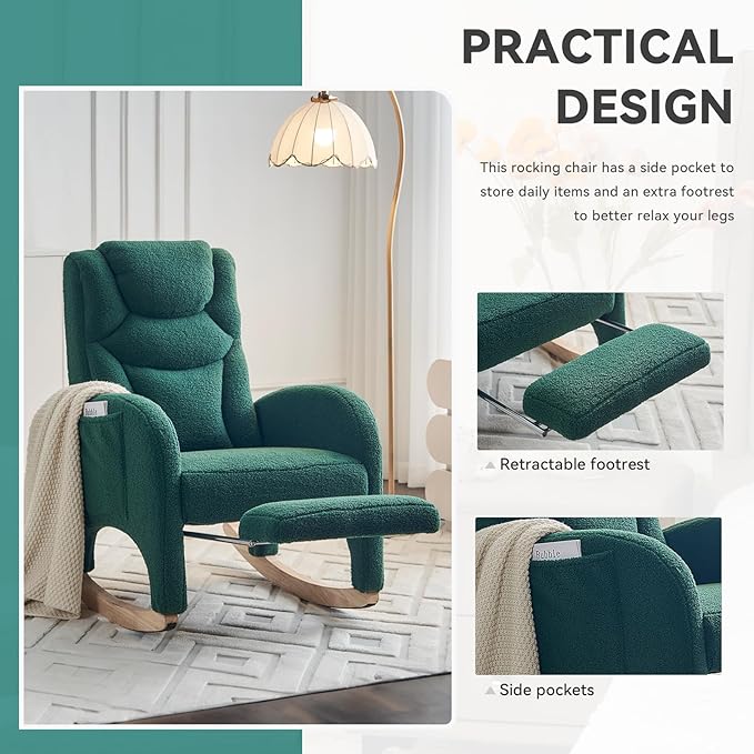 Rocking Chair Nursery, Modern Glider Chair with Adjustable Footrest and Solid Wood Legs, High Backrest Nursery Chair with Side Pocket, Rocker Armchair for Living Room Bedroom, Teddy Green