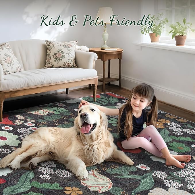 Area Rug Living Room Rugs: 5x7 Washable Rug Vintage Floral Soft Boho Non Slip Carpet Indoor Floor Non Shedding Low Pile Thin Carpets for Bedroom Dining Room Farmhouse Nursery Home Office Green