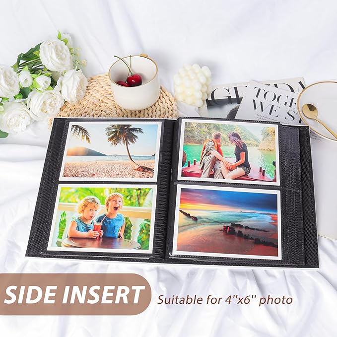 RECUTMS 200 Photo 4x6 PU Leather Cover Black Inner Page with Front Window, Small Photo Book for Baby Wedding Family (Silver)