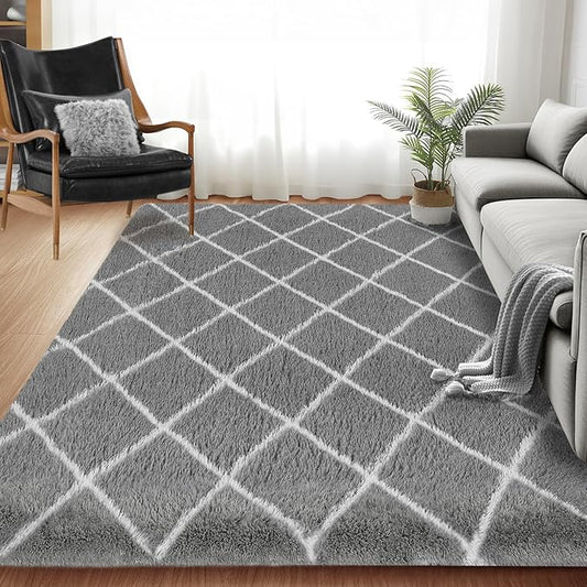 Fluffy Rug for Bedroom, 5X7Feet Stripe Checkered Rug Anti-Skid High Pile for Living Room Bedroom Kids Room Nursery, Dorm Home Decor