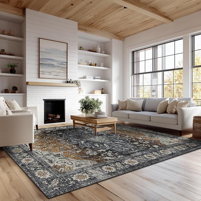 Washable Area Rugs 8x10, Large Rugs for Living Room, Carpet for Bedroom, Soft Faux Wool Retro Dining Room Rug, Non-Slip Backing Resistant Low Pile Vintage Print Rug for Home Office (Tan/Gray)