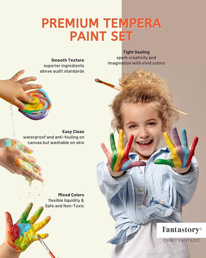 Fantastory Tempera Paint for Kids 8 Colors (8.4 oz Each) Washable, Non-Toxic for Poster and Sponge Painting, Finger and Hand Paint Bottles Gifts