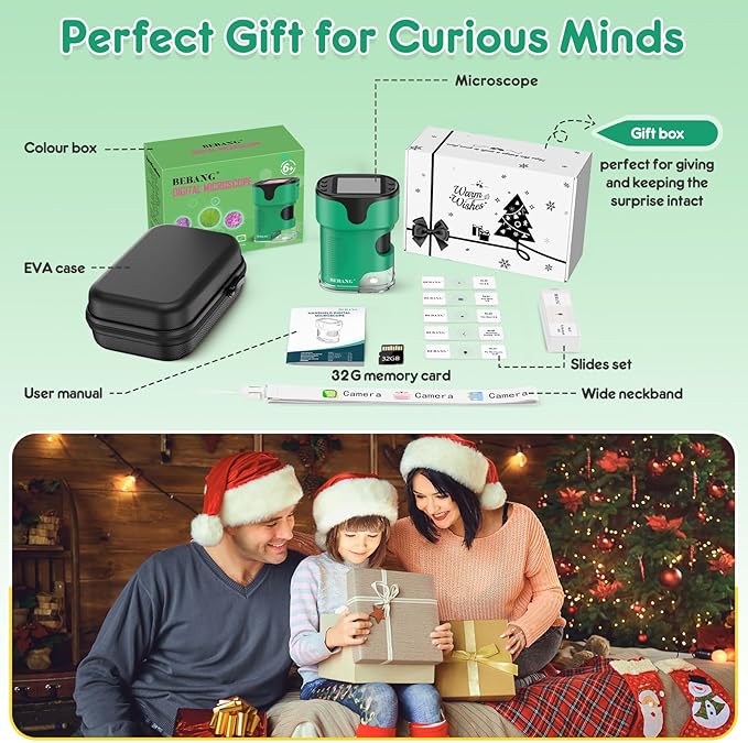 1000X Handheld Microscope for Kids 4K 2.0" Screen Rechargeable Mini Pocket Digital Microscopes w/Slides Kit Portable Edu Gift Age 4-6 8-12 Children Students (Green)