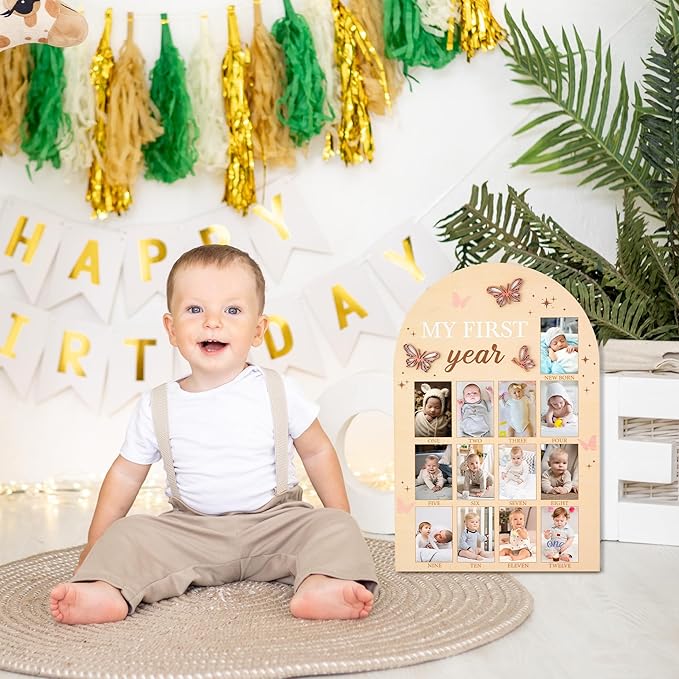 R HORSE My First Year Photo Frame Board, 3D Butterfly Baby First Year Picture Frame 12 Months Milestone Display Wood Board Baby Keepsake 1st Birthday Nursery Decor Gift for Boy Girl