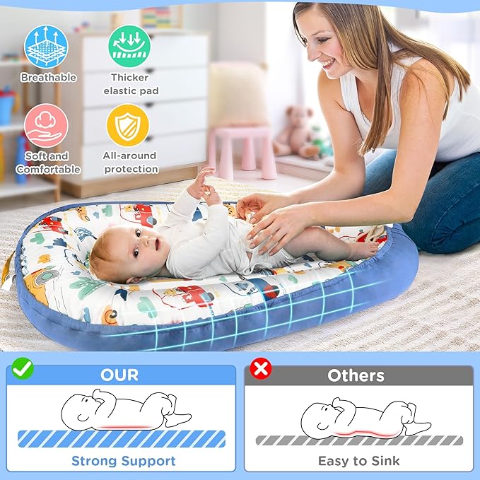 KISS GOLD Baby Lounger - Breathable Soft Cotton Cover Baby Lounger Nest, Babies Essentials Gifts, Portable Lounger for Baby Tummy Time Floor Playing Seated Support for Home and Travel