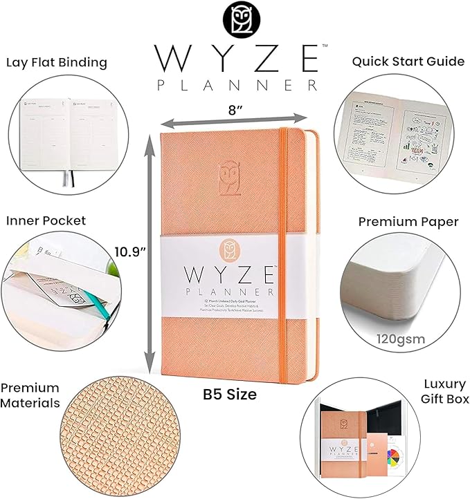 Undated Daily Planner – 1-Year B5 Productivity Organizer with Two-Page Weekly Spread, Goal Setting, Habit Tracker, Weekly & Monthly Pages – Hardcover Time Management Notebook (Rose Gold)