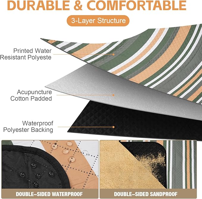 Picnic Blankets Outdoor Extra Large - 80"x80" Waterproof Beach Blanket, Machine Washable 3-Layer Foldable Park Mat with Sandproof Backing for Grass, Hiking, Travel, Concerts, Indoor (Orange)