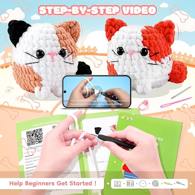 Cat Crochet Kit for Beginners-2PCS Calico Cats Crochet Kits for Adults Kids, Crochet Starter Kit with Step-by-Step Video Tutorials,Crochet Animal Kits Knitting Kit Learn to Crochet Kits