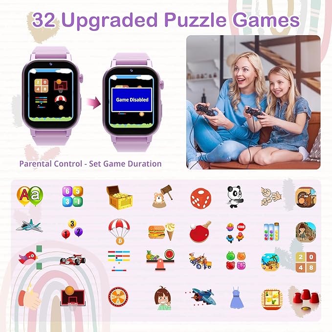 Kids Smart Watches Girls Gift for Age 5-12, Watch for Kids with 32 Games HD Touch Screen Video Camera Pedometer Music Player Flashlight 12/24 hr Toys for 5 6 7 8 9 Year Old Girl Birthday Gift