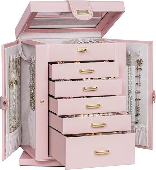 AKOZLIN 360° Rotating Jewelry Box 6-Tier Organizer Functional Jewelry Storage Case for Women Girls Ring Necklace Earring Bracelet Holder with Mirror Pink