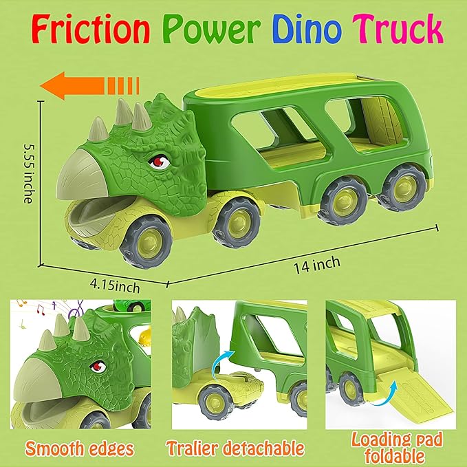 Veslier Dinosaur Car Toy for 3 4 5 Years Old Boys, Friction Power Carrier Truck with 4 Pack Small Pull Back Dino Car, Christmas Birthday Gift for 3+ Boy Girl Kids Toddlers