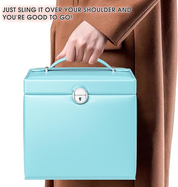 5-Layer Jewelry Box with 4 Drawers, Huge Portable Jewelry Organizer with Lock and Mirror for Women, for Necklace Ring Earring Bracelet Storage, Lockable Jewelry Case, Blue