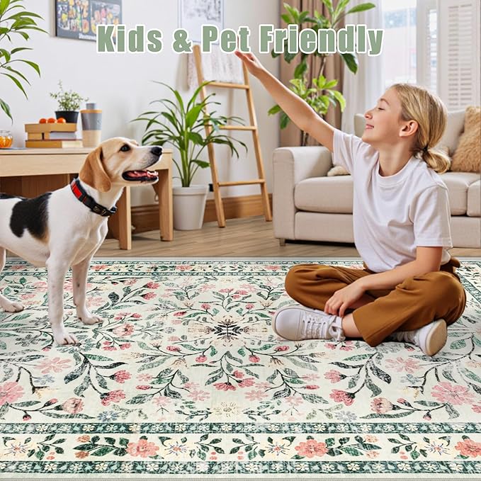 6x9 Area Rugs for Living Room: Floral Washable Rug Vintage Large Soft Boho Non-Slip Carpet Indoor Stain Resistant Thin Carpets for Bedroom Dining Room Farmhouse Nursery Hallway Home Office Green Beige