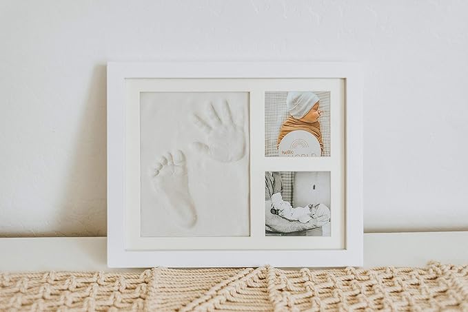 Baby Hand & Footprint Frame Keepsake Kit | Capture Milestone Moments with Safe Clay, Stencil Set & Wood Frame | Perfect Newborn Gift for Baby Showers | White