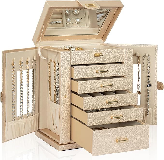 AKOZLIN Jewelry Box 6-Tier Organizer Functional 360° Rotating Jewelry Storage Case for Women Girls Ring Necklace Earring Bracelet Holder with Mirror