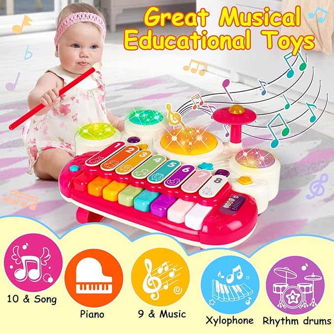 3 in 1 Musical Toys for Toddlers 1-3 Piano Xylophone Drum Set Toys for 1 2 3 Year Old Girls Birthday Music Instruments Baby Learning Developmental Sensory Toys Toddler Toys Age 1-2 2-3