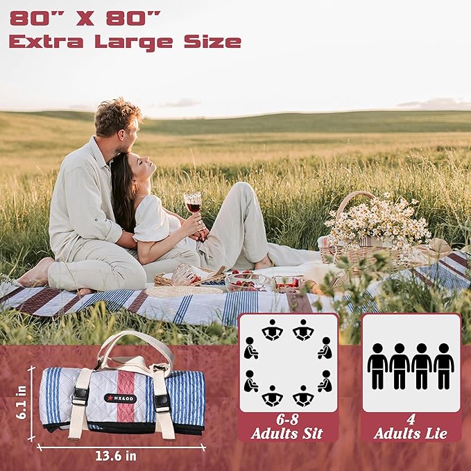 Waterproof Picnic Mat, Outdoor Camping Oversized Field Blanket. Portable Thickened Camping Blanket, Suitable for Beach, Camping, Music Festival, Party, Outdoor Adventure. (Red&Blue&White, 80”x80”)