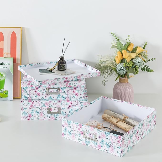 Soul & Lane Floral Decorative Storage Boxes With Lids, Set of 3 Pretty Nesting Cardboard Letter Storage Boxes for Photos, Documents, Scrapbooks, Keepsakes, Memories
