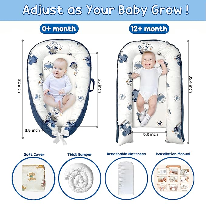 Baby Lounger - Baby Lounger for Newborn 0-24 Months, Breathable, Soft Cotton Baby Nest, Portable Infant Lounger for Home & Travel, Newborn Essentials Gift (Blue Elephant)