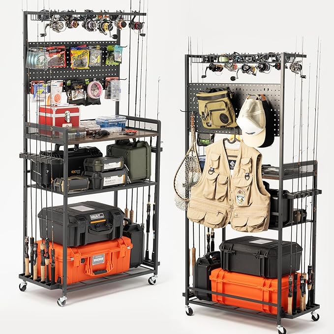 SOYEEZE Fishing Rod Holders for Garage,Fishing Gear Holder for Fishing Rod Tackle Box Storage，Fishing Pole Holders for 12 Rods with Hooks and Pegboard,Fishing Cart with Reel Rack