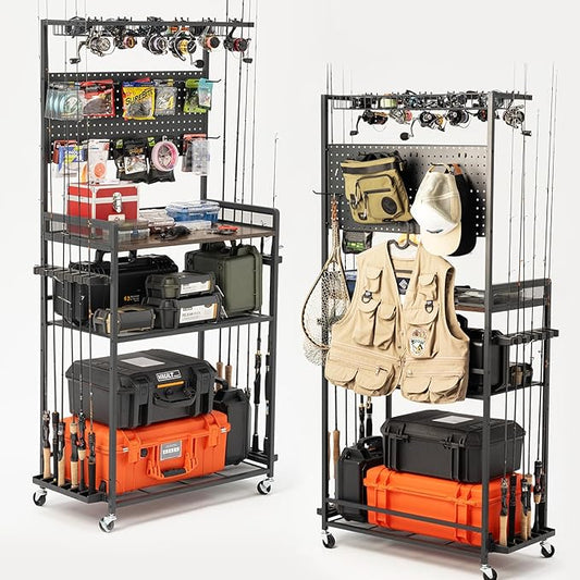 SOYEEZE Fishing Rod Holders for Garage,Fishing Gear Holder for Fishing Rod Tackle Box Storage，Fishing Pole Holders for 12 Rods with Hooks and Pegboard,Fishing Cart with Reel Rack