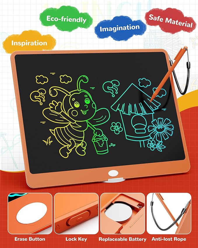 KOKODI LCD Writing Tablet, 16 Inch Colorful Toddler Doodle Board Drawing Tablet, Erasable Reusable Electronic Drawing Pads, Educational and Learning Toy for 3-6 Years Old Boy and Girls(Orange)