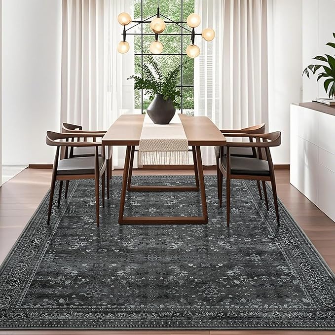 Large 8x10 Washable Area Rug for Living Room, No Shedding Vintage Floral Rugs Non Slip, Indoor Thin Retro Accent Carpet for High Traffic Areas Bedroom Farmhouse Dining Room Black/Gray