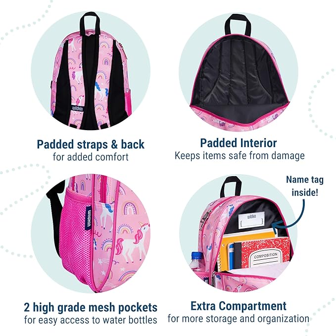 Wildkin 15-inch Kids Backpack – Durable, Padded, Adjustable for School & Travel - Rainbow Unicorns