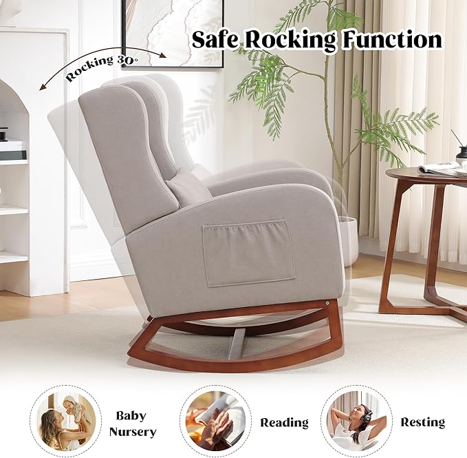 Rocking Chair Nursery, Nursery Rocking Chairs with Foot Rest, Comfy Glider Rocker Nursing Chair with High Back for Nursing, Living Room, Bedroom, Light Grey