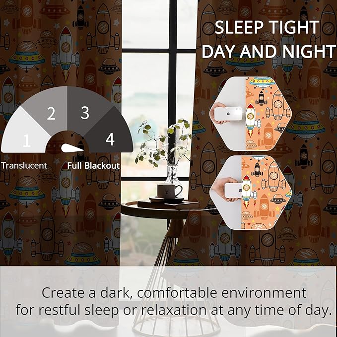 Kids Space UFO Rocket Blackout Curtains - 100% Blackout, Thermal Insulated, Noise Reducing, Perfect for Kids Room and Nursery, 2 Panels (Sunny Space Parade, W52×L84)