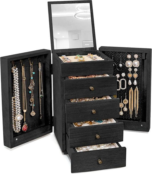 Meangood Jewelry Box Wood for Women, 5-Layer Large Organizer Box with Mirror & 4 Drawers for Rings, Earrings, Necklaces, Black