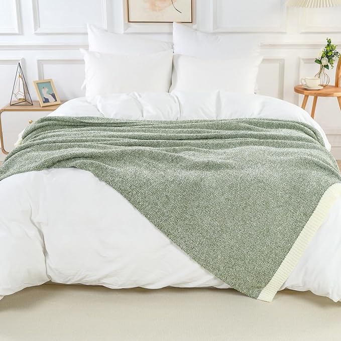 NEXHOME PRO Twin Size Super Soft Throw Blankets for Couch, Cozy Blankets Reversible Warm Knit Blanket for Women, Fuzzy Plush Lightweight Throws for Sofa, Bed, Picnic, Sage Green White, 60 x 80 inches