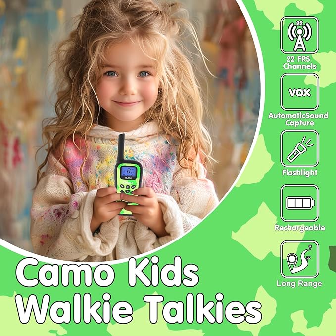 Qniglo Walkie Talkies for Kids Rechargeable 2 Pack,Camouflage Walky Talky for Children's Day Christmas Birthday Gifts Toys for Age 3-12 Boys Girls