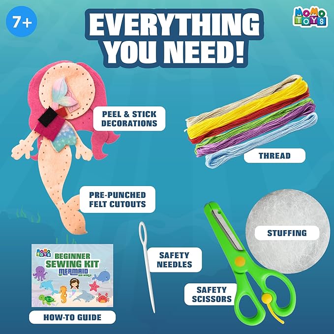MOMOTOYS Mermaid & Sea Life Beginner Sewing Kit for Kids Ages 7+ – Includes 9 Kids Sewing Projects w/Tools & Art Supplies – DIY Felt Crafts – Girls & Boys Gifts for 7, 8, 9, 10, 11, 12 Year Old