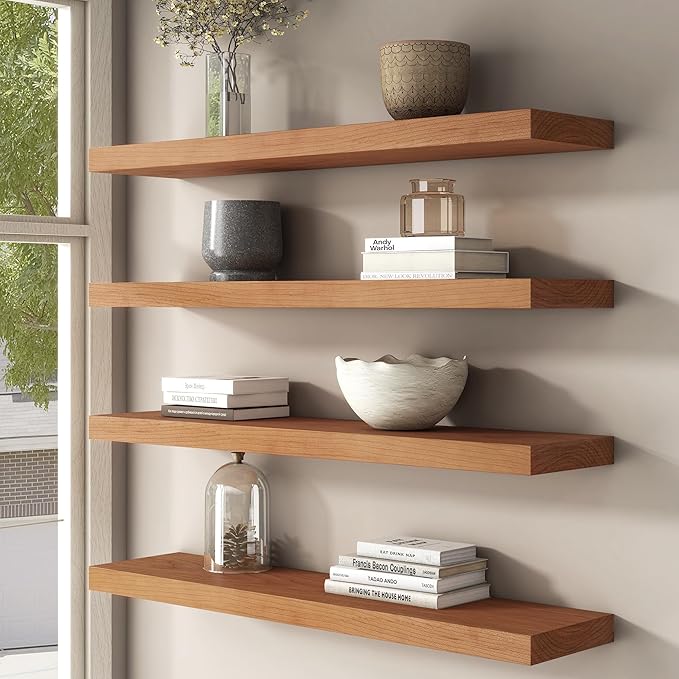 Floating Shelves for Wall, USA-Sourced Cherry Wood 48 Inch Long Wall Shelves, Natural Wooden Wall Mounted Picture Ledge Shelf, Nursery Book Storage Shelf Kids Bookshelf, Display Shelf for Bathroom