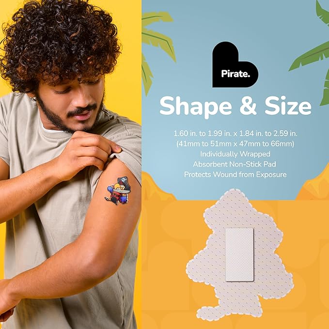 BioSwiss Bandages, Pirate Shaped Self Adhesive Bandage, Latex Free Sterile Wound Care, Fun First Aid Kit Supplies for Kids and Adults, 50 Count