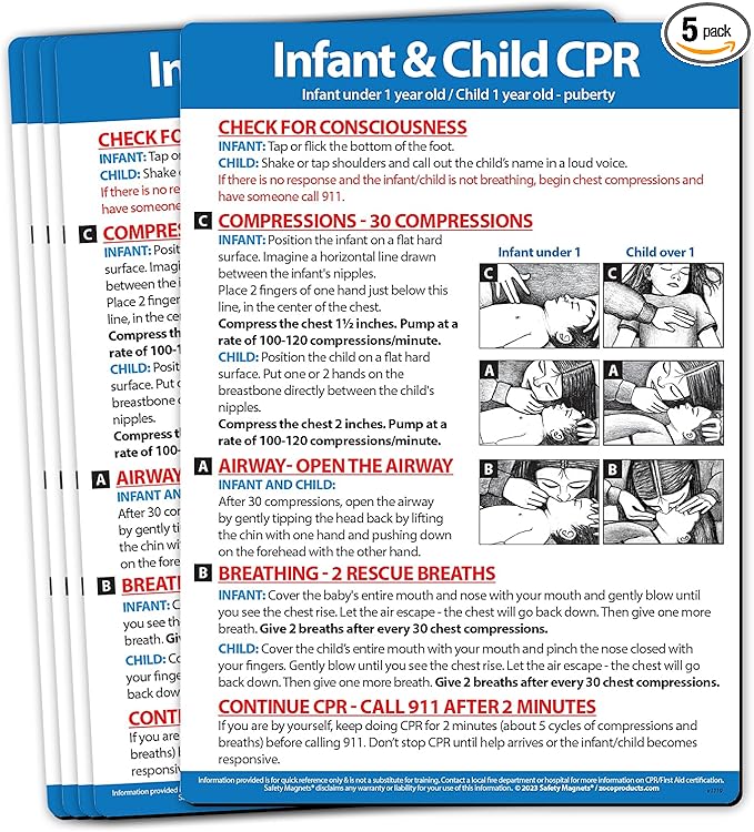 Safety Magnets by ZOCO – Infant and Child CPR Magnet (5-Pack) – 5"x7" Emergency First Aid Guide with Step-by-Step Instructions – CPR Reference for Homes, Daycares, Schools, and Parents