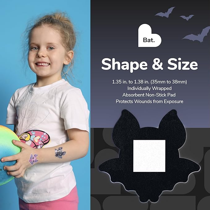 BioSwiss Bandages, Halloween Bat Shaped Self Adhesive Bandage, Latex Free Sterile Wound Care, Fun First Aid Kit Supplies for Kids, 24 Count