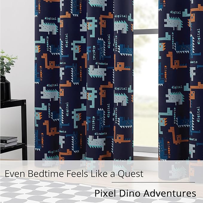 Kids Blackout Curtains - Pixel Dinosaur Curtains, 100% Blackout, 2 Panels, Each W52×L63, Thermal Insulated, Noise Reducing for Kids Bedroom, Bring a Playful and Retro Touch to Your Child’s Room